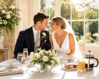 A bride and groom sitting close together at a table set for breakfast, with croissants, orange juice, and coffee, and a floral centrepiece between them.