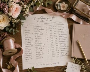 A handwritten 'Wedding Vendor Booking List' tracking which suppliers are booked, their deposits, and balances due.