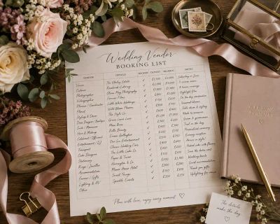 A handwritten 'Wedding Vendor Booking List' tracking which suppliers are booked, their deposits, and balances due.