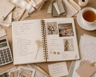 An open wedding planning notebook surrounded by fabric swatches and a calculator on a desk.