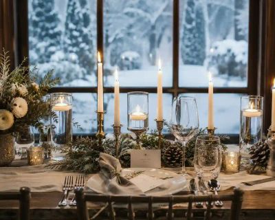 A candlelit wedding table with winter greenery, snow visible through the window behind.