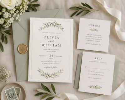 A wedding invitation suite with envelope, wax seal, details card, and RSVP card laid out together.