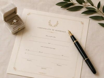 A pen resting on formal paperwork beside a small ring box, symbolising the legal and administrative side of getting married.