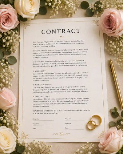A formal marriage contract document laid flat among roses and eucalyptus, with a pen and wedding rings.