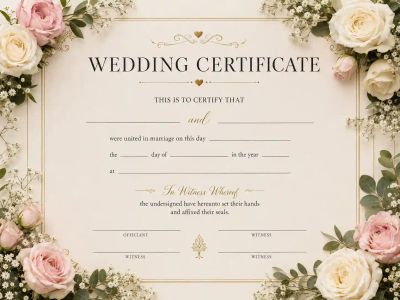 A blank wedding certificate template bordered with roses, ready for a couple's names, date, and signatures.