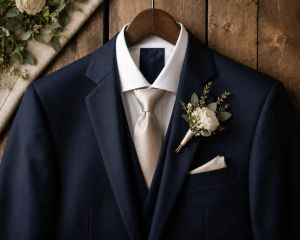 A groom's suit jacket, tie, and boutonniere laid out ready to wear.