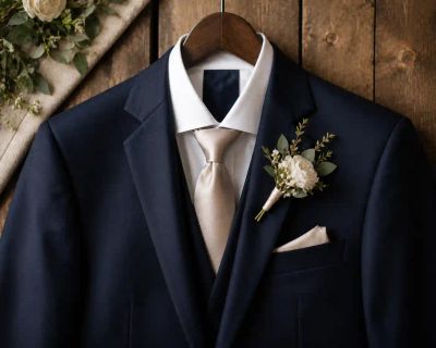 A groom's suit jacket, tie, and boutonniere laid out ready to wear.