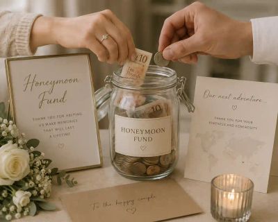 A couple's hands placing a banknote and coin into a glass jar labelled 'Honeymoon Fund', surrounded by wedding gift cards and flowers.