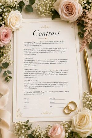 A formal contract document surrounded by roses and eucalyptus, with a gold pen and a pair of wedding rings resting on the page.