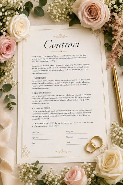 A formal contract document surrounded by roses and eucalyptus, with a gold pen and a pair of wedding rings resting on the page.