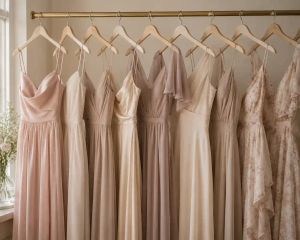 A row of bridesmaid dresses on hangers, in a single colour palette but different silhouettes.