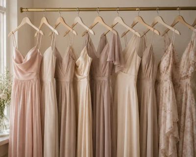 A row of bridesmaid dresses on hangers, in a single colour palette but different silhouettes.