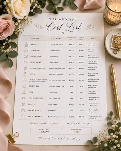 An 'Our Wedding Cost List' card breaking down estimated and actual spend across venue, catering, and other categories.